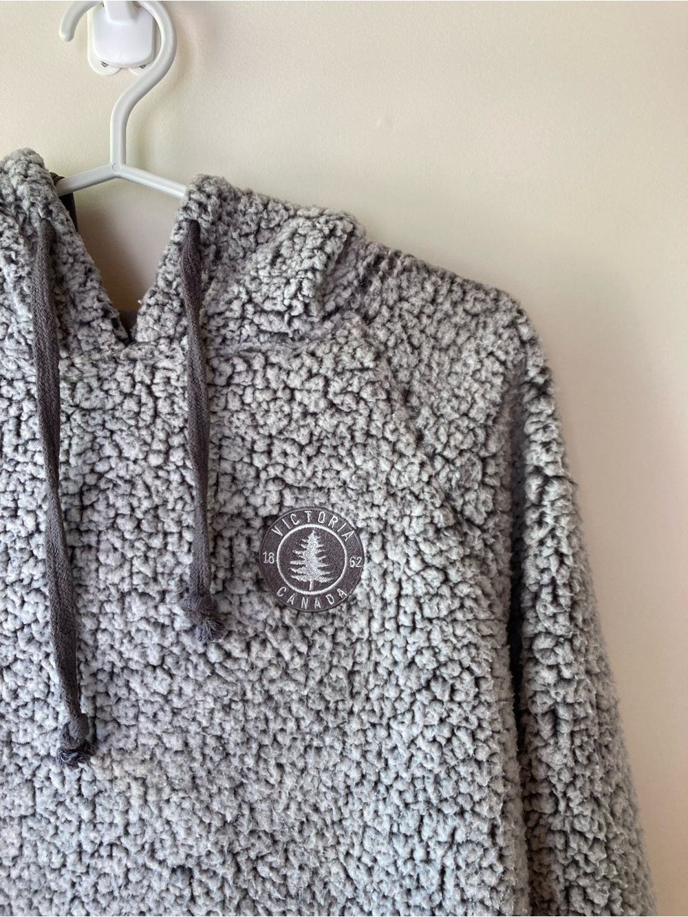 Gray Sherpa Hoodie Sweater with Victoria BC Logo Cozy Gorpcore Vancouver Island
